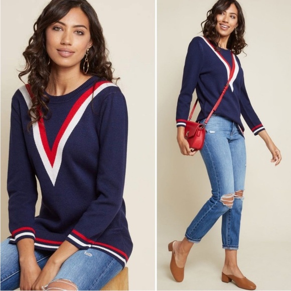 Modcloth Sweaters - ModCloth Well Prepped Sweater in Navy with Red and White Accents Small